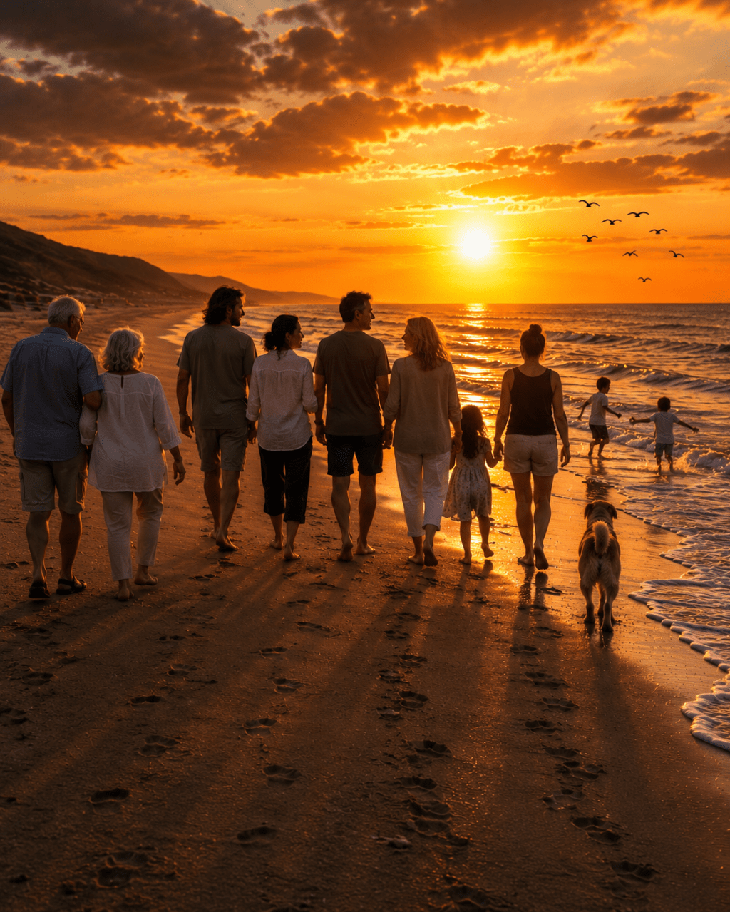 A multi generational family and their dog walking together along the shore at sunset