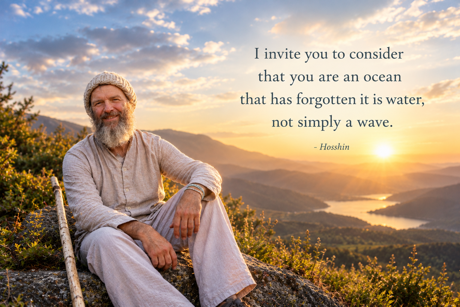 Hosshin smiling, sitting on a rock above a valley at sunrise, with the words: I invite you to consider that you are an ocean that has forgotten it is water, not simply a wave. Hosshin