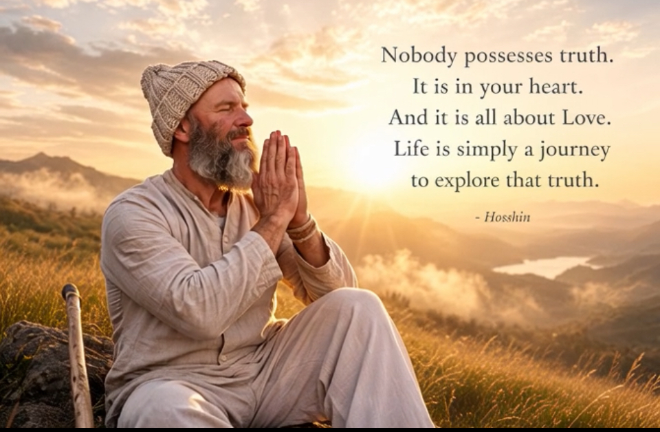 Hosshin sitting with his hands pressed together in prayer at sunrise above a valley, with the words: Nobody possesses truth. It is in your heart. And it is all about Love. Life is simply a journey to explore that truth. Hosshin